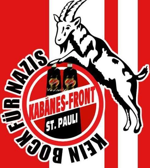 Wappen der Kabänes-Front Sankt Pauli: springender Geißbock, Kabänes-Flaschen und der Spruch Kein Bock für Nazis